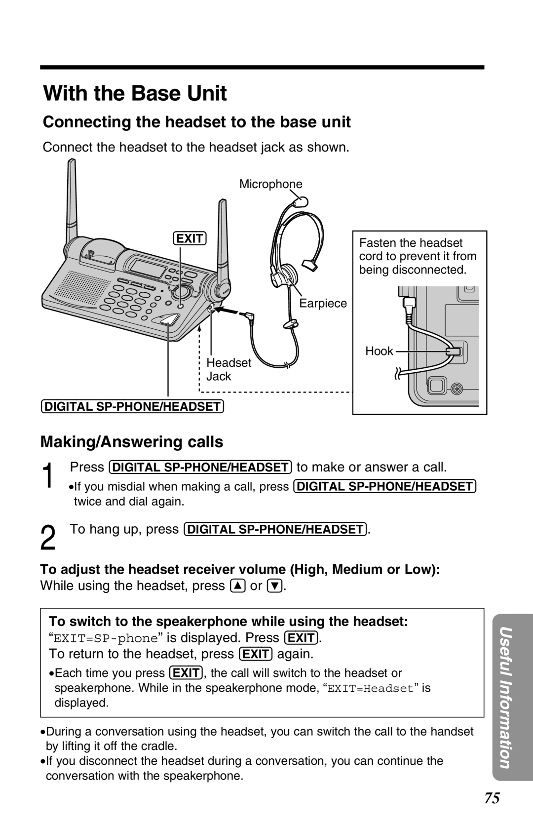 Panasonic KX-TG2670N operating instructions Connecting the headset to the base unit, Making/Answering calls 