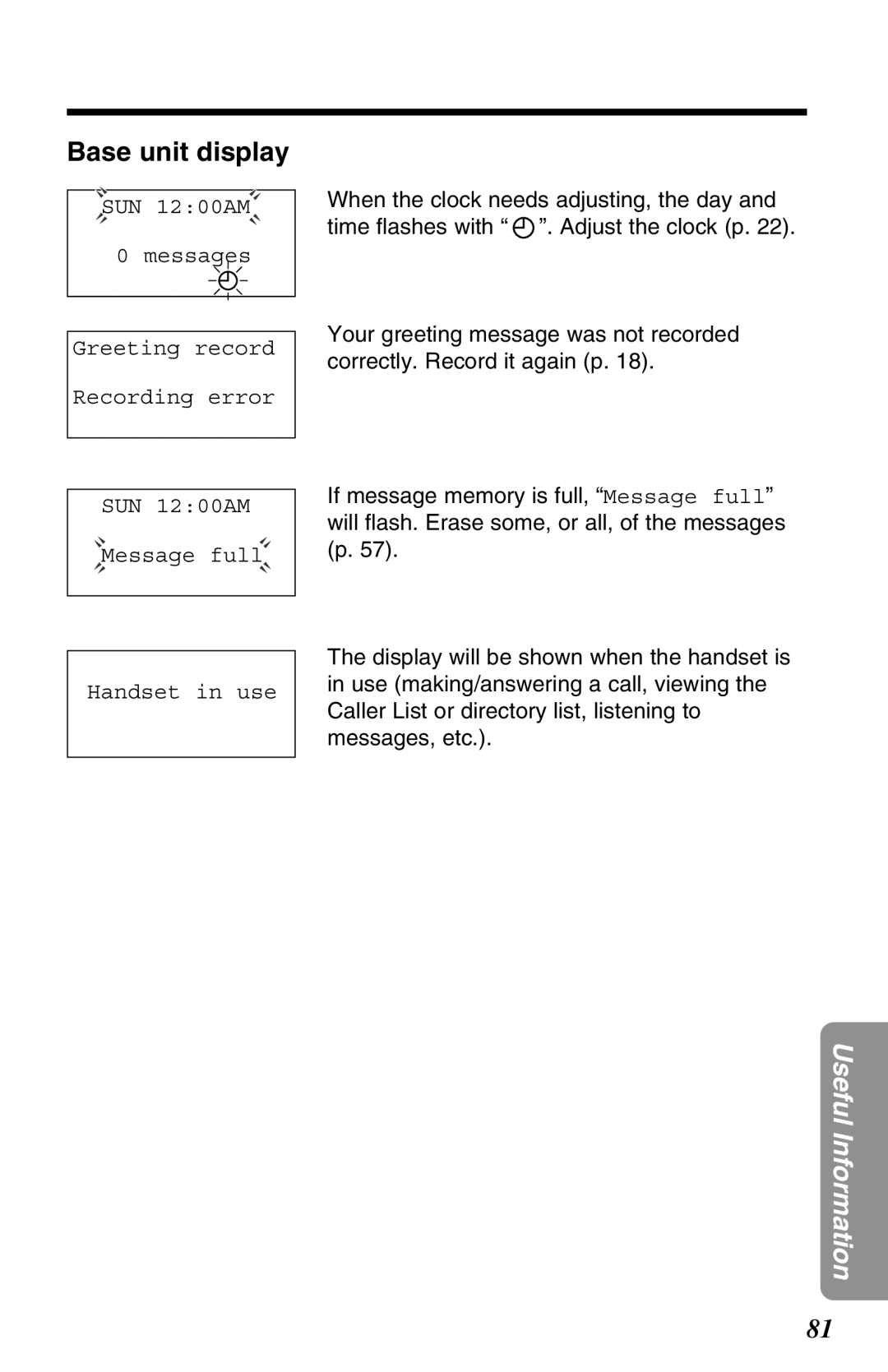 Panasonic KX-TG2670N operating instructions Base unit display 