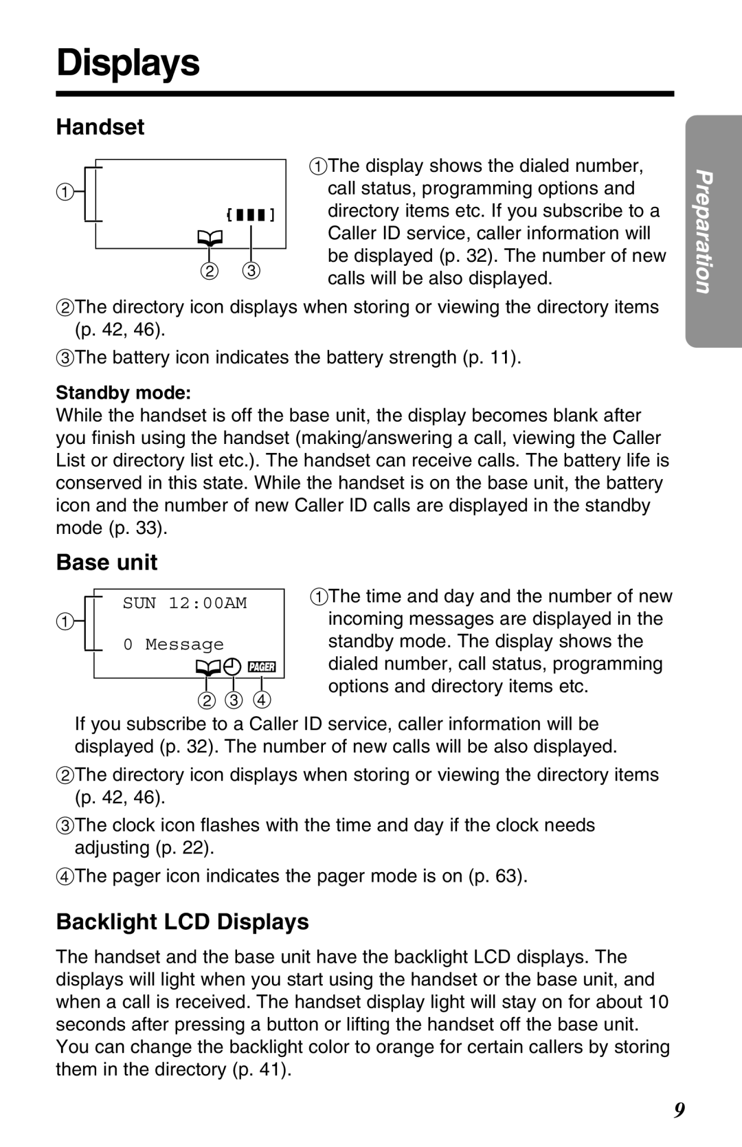 Panasonic KX-TG2670N operating instructions Backlight LCD Displays, Standby mode, SUN 1200AM Message 