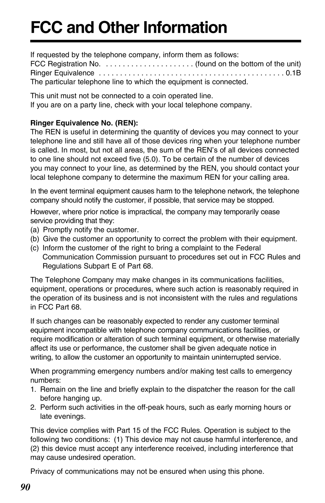 Panasonic KX-TG2670N operating instructions FCC and Other Information, Ringer Equivalence No. REN 