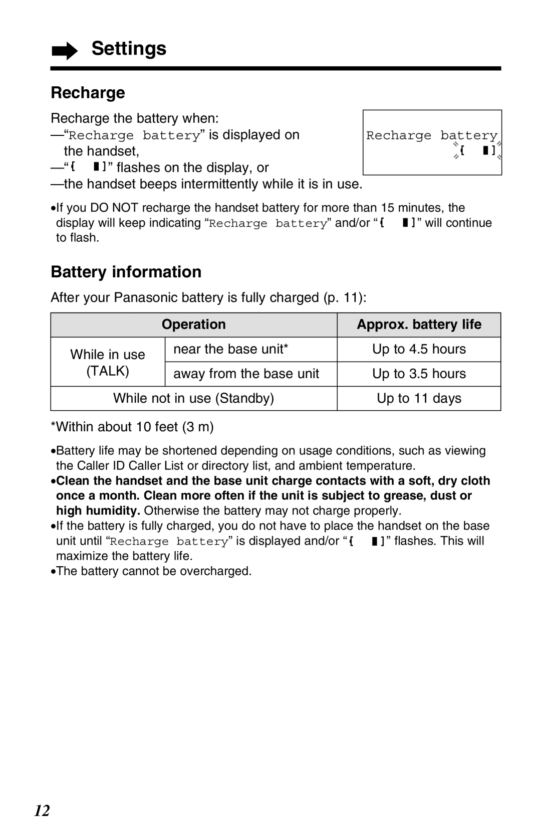 Panasonic KX-TG2680N operating instructions Recharge, Battery information, After your Panasonic battery is fully charged p 