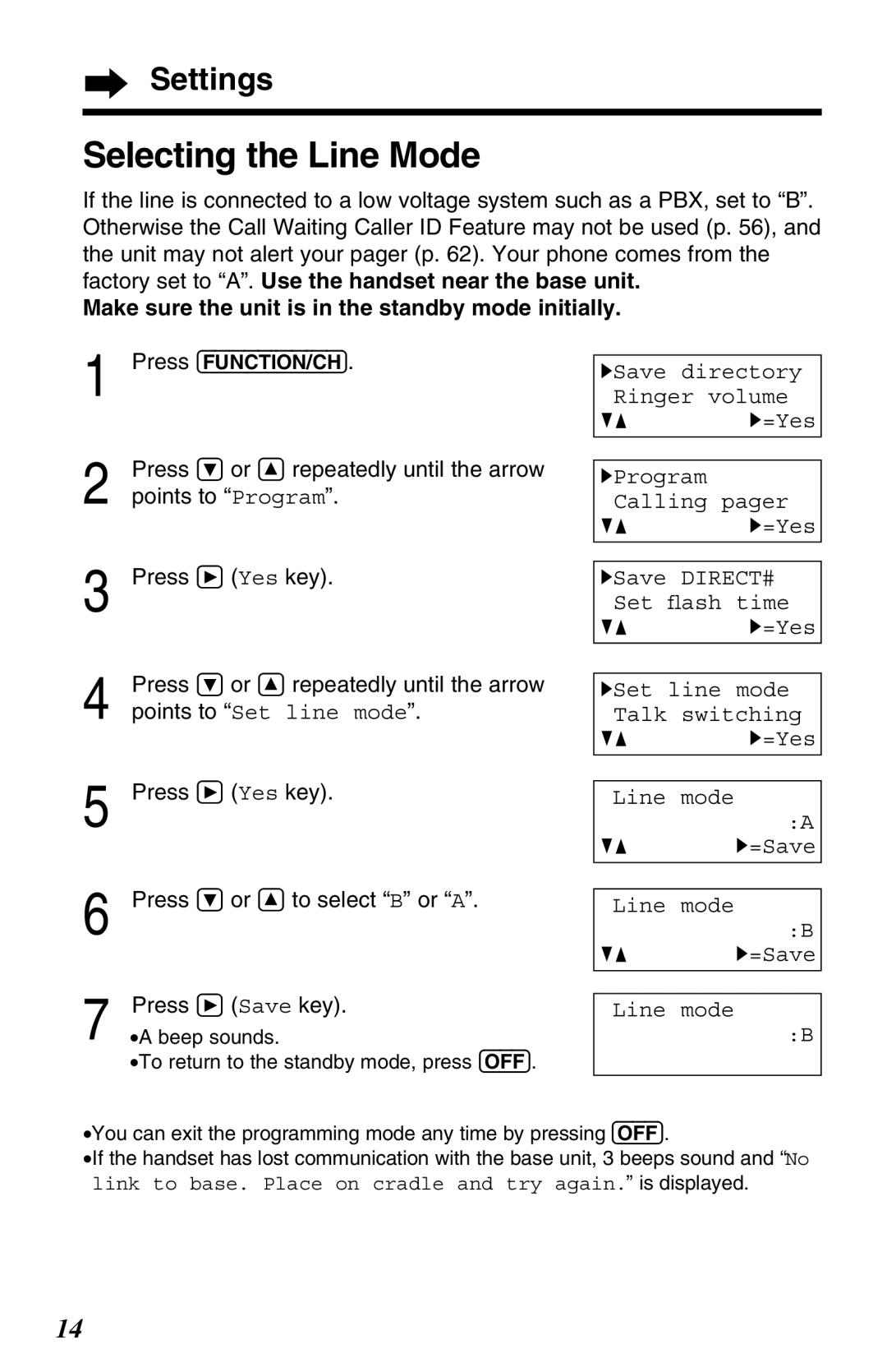 Panasonic KX-TG2680N Selecting the Line Mode, Points to Set line mode, Press Ö or Ñ to select B or a, Line mode GF H=Save 