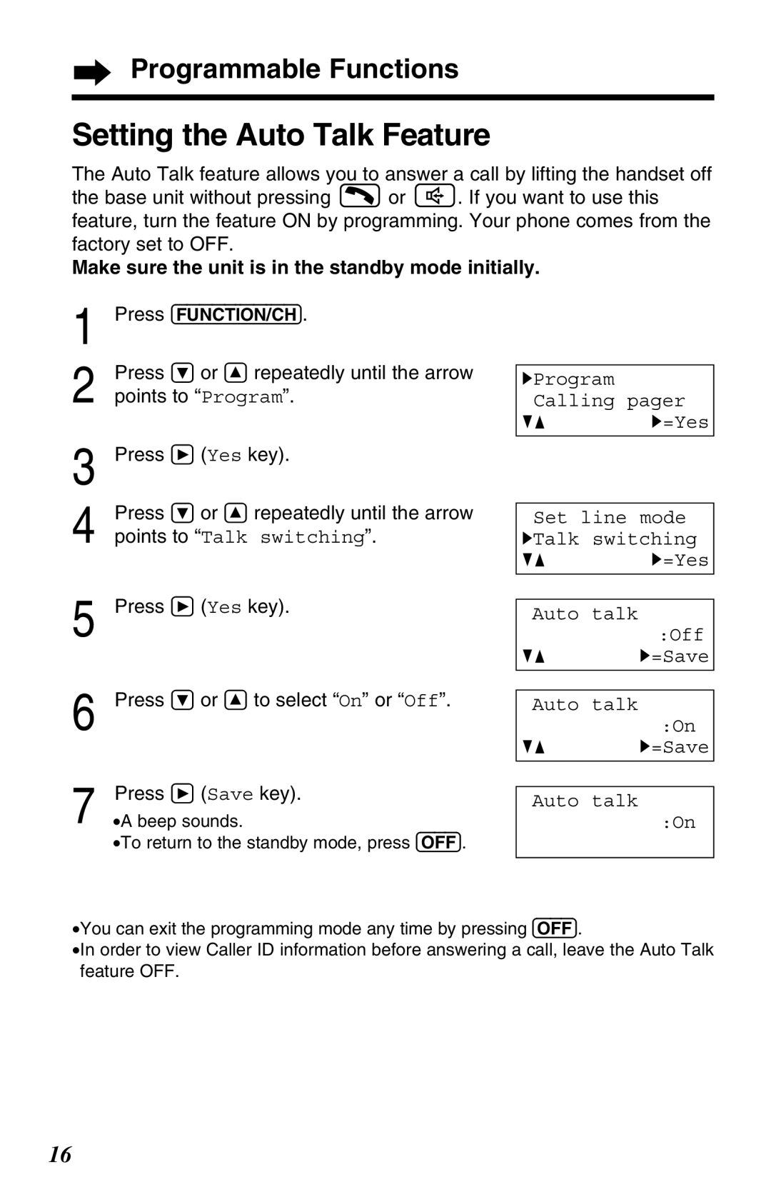 Panasonic KX-TG2680N Setting the Auto Talk Feature, Points to Talk switching, Press Ö or Ñ to select On or Off 