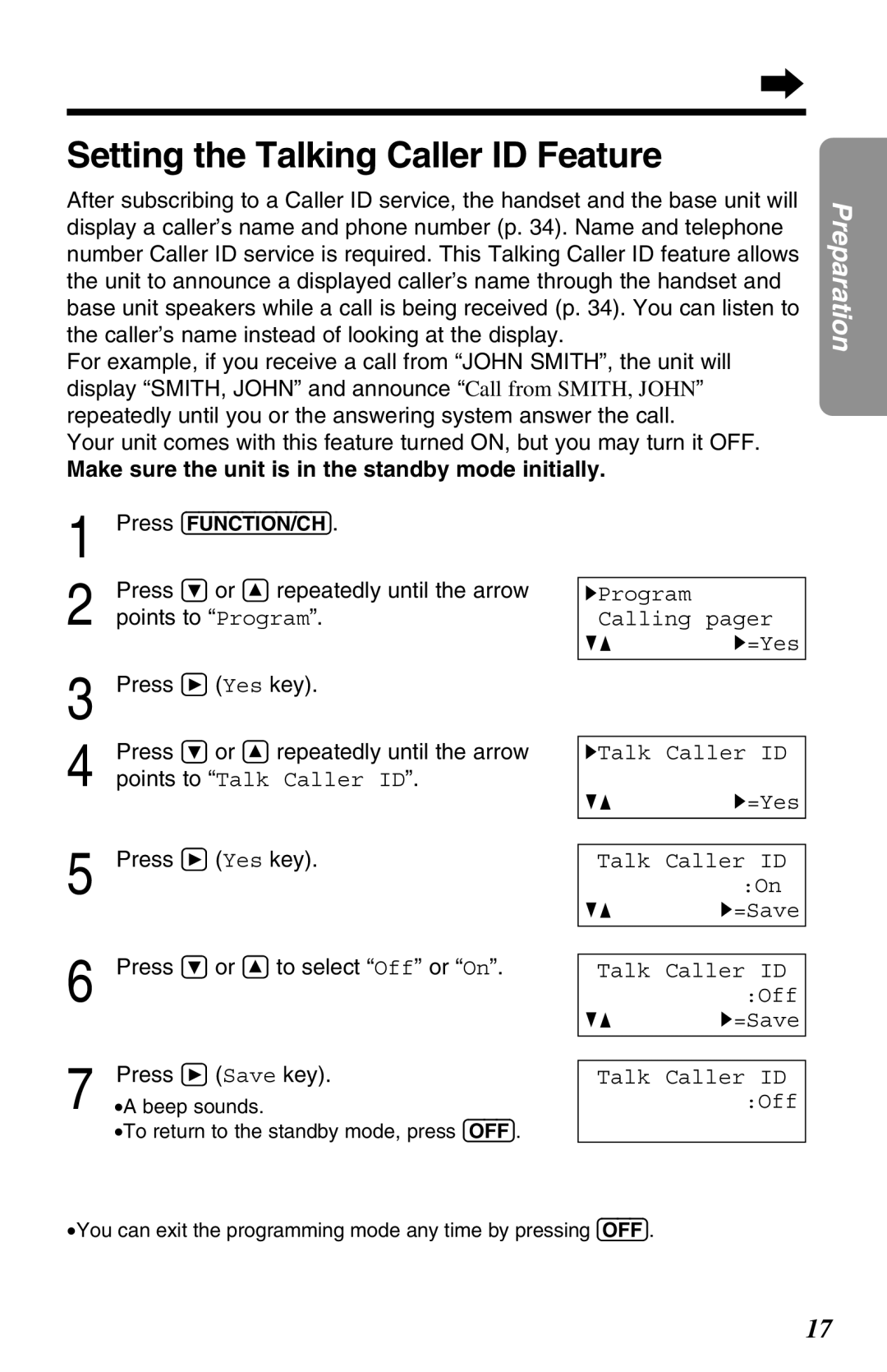 Panasonic KX-TG2680N Setting the Talking Caller ID Feature, Points to Talk Caller ID, Press Ö or Ñ to select Off or On 