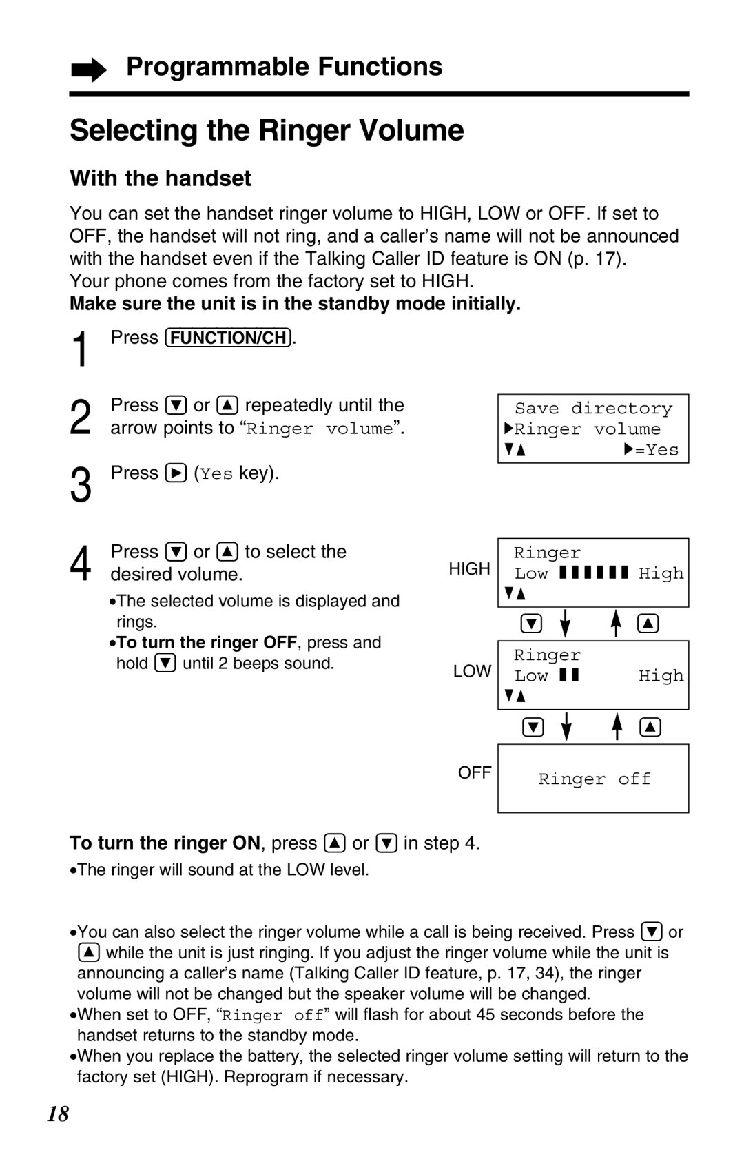 Panasonic KX-TG2680N Selecting the Ringer Volume, With the handset, Press Ö or Ñ to select, Desired volume 