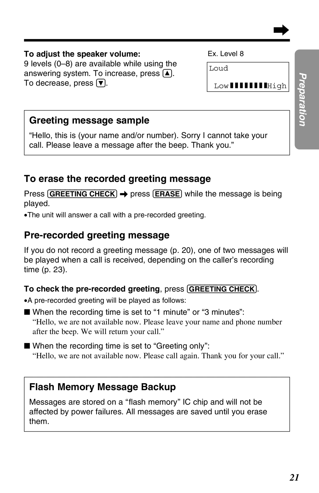 Panasonic KX-TG2680N Greeting message sample, To erase the recorded greeting message, Pre-recorded greeting message 