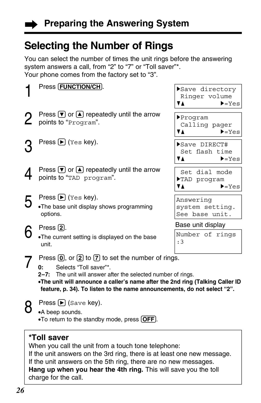 Panasonic KX-TG2680N operating instructions Selecting the Number of Rings, Toll saver, Press 