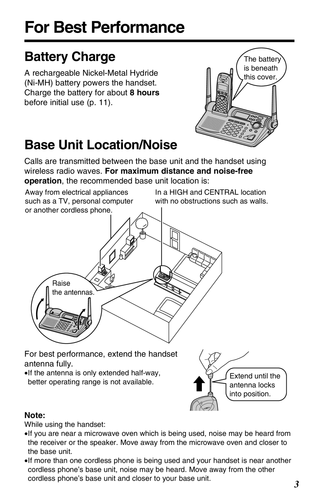 Panasonic KX-TG2680N operating instructions For Best Performance, Battery Charge, Base Unit Location/Noise 