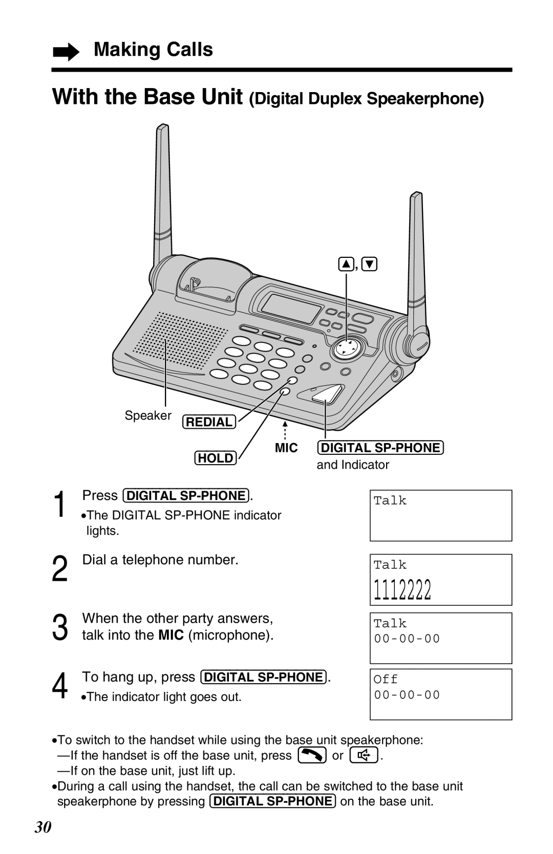 Panasonic KX-TG2680N With the Base Unit Digital Duplex Speakerphone, Dial a telephone number, When the other party answers 