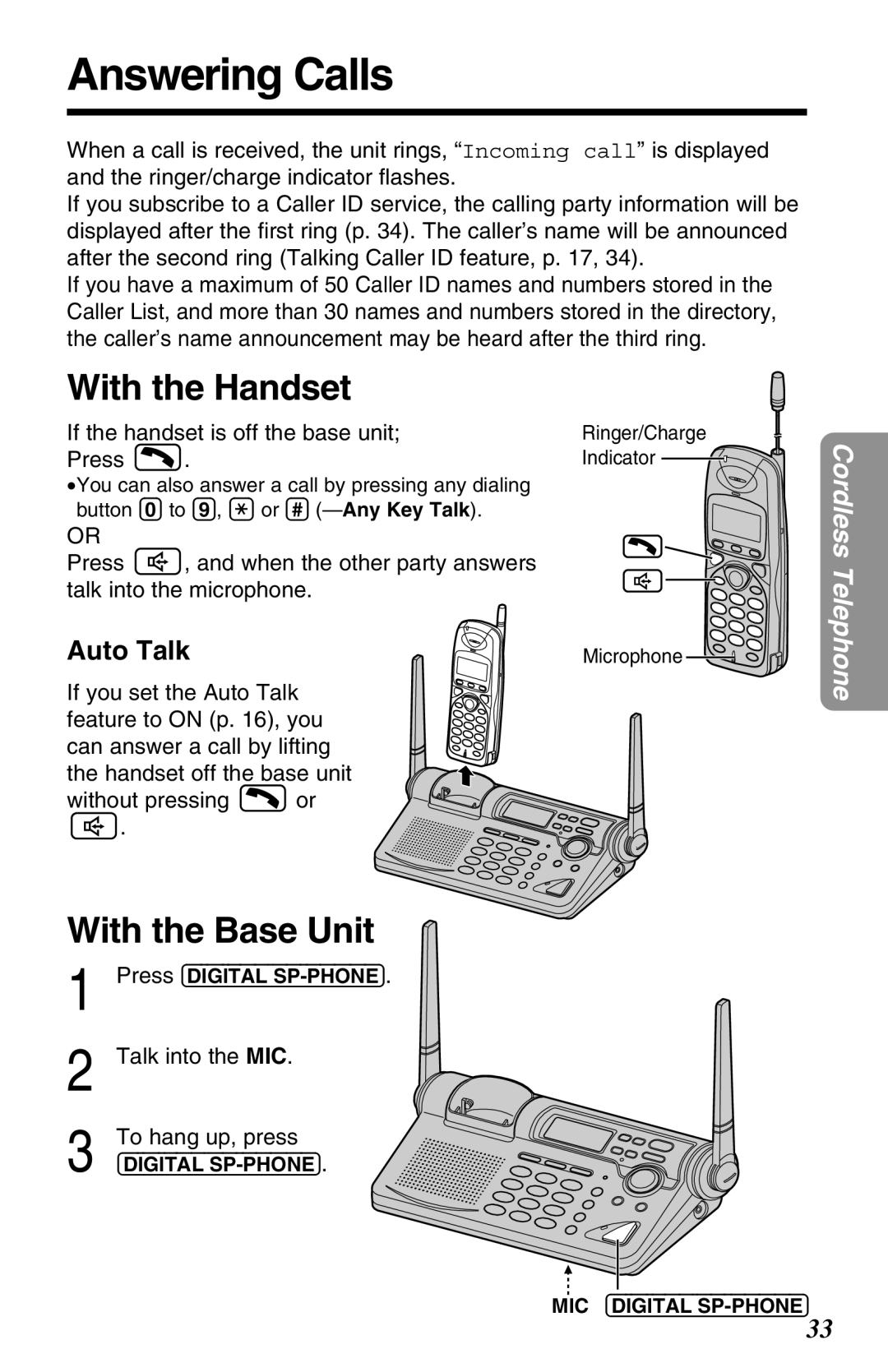 Panasonic KX-TG2680N operating instructions Answering Calls, With the Base Unit, Auto Talk 