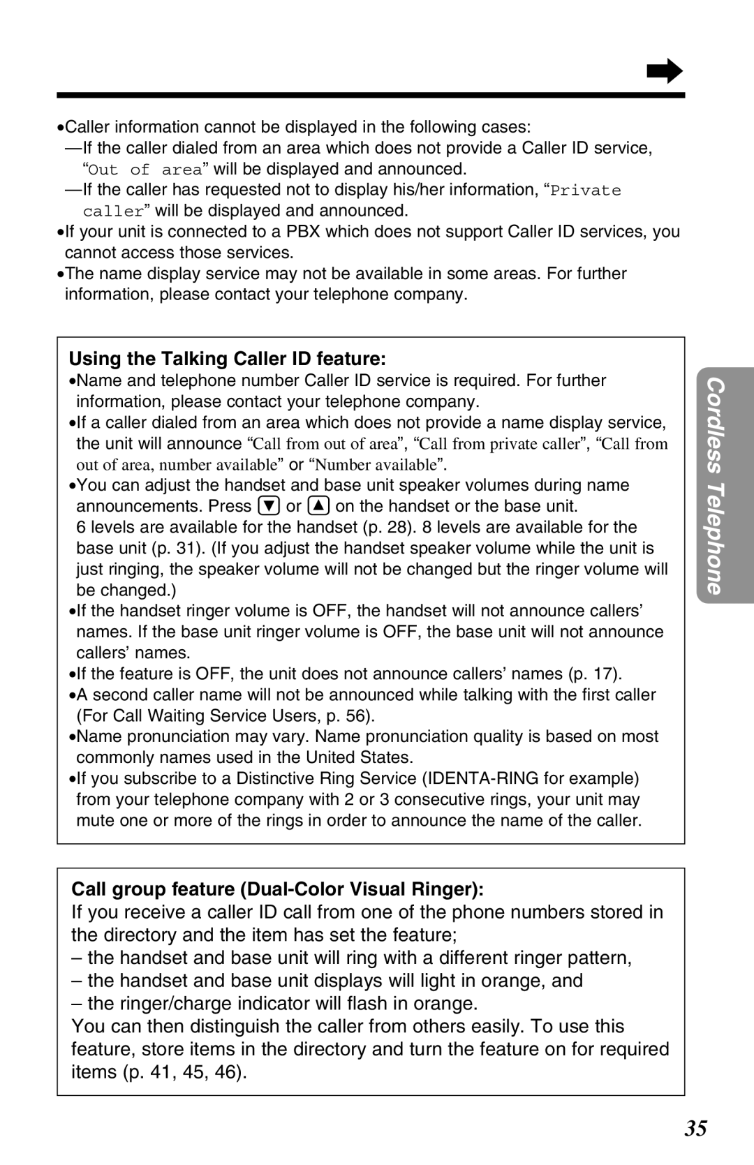 Panasonic KX-TG2680N Using the Talking Caller ID feature, Call group feature Dual-Color Visual Ringer 