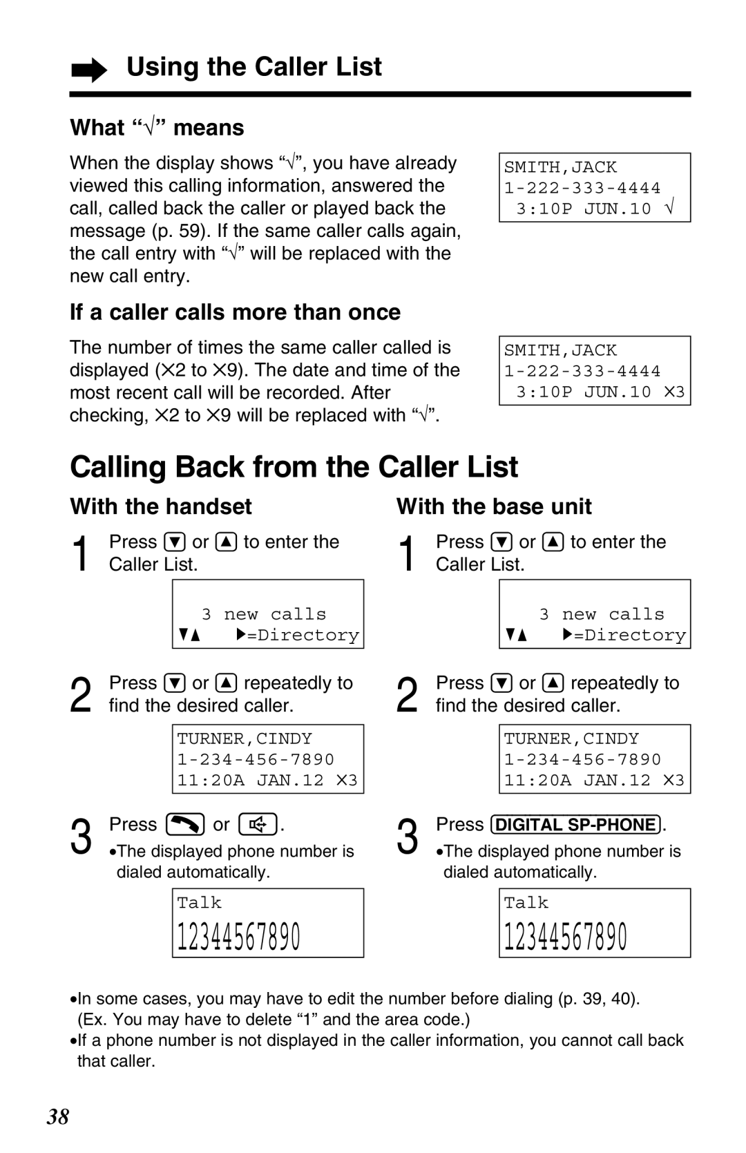 Panasonic KX-TG2680N Calling Back from the Caller List, What √ means, If a caller calls more than once 