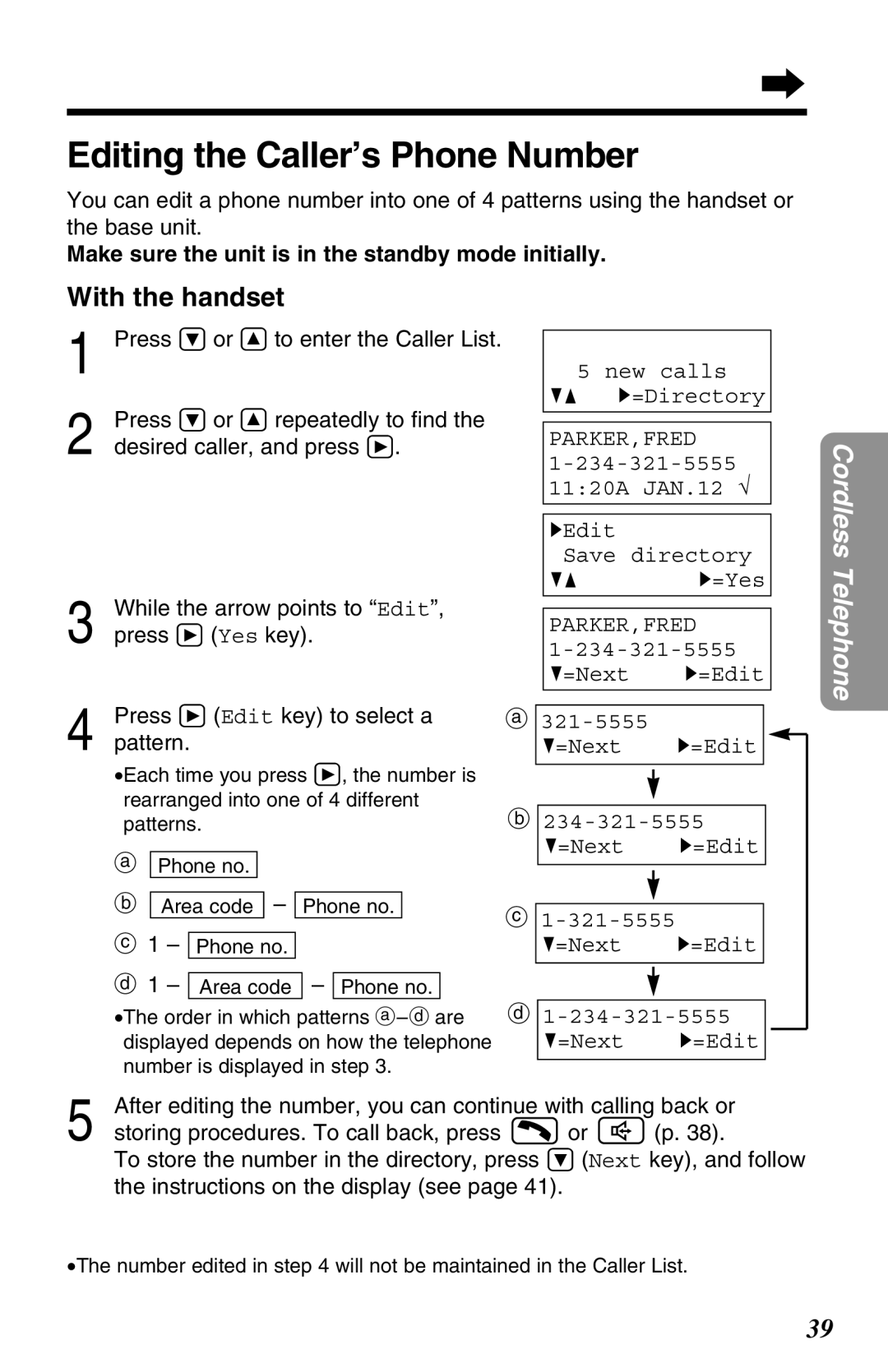 Panasonic KX-TG2680N Editing the Caller’s Phone Number, HEdit Save directory, 321-5555 =Next H=Edit 