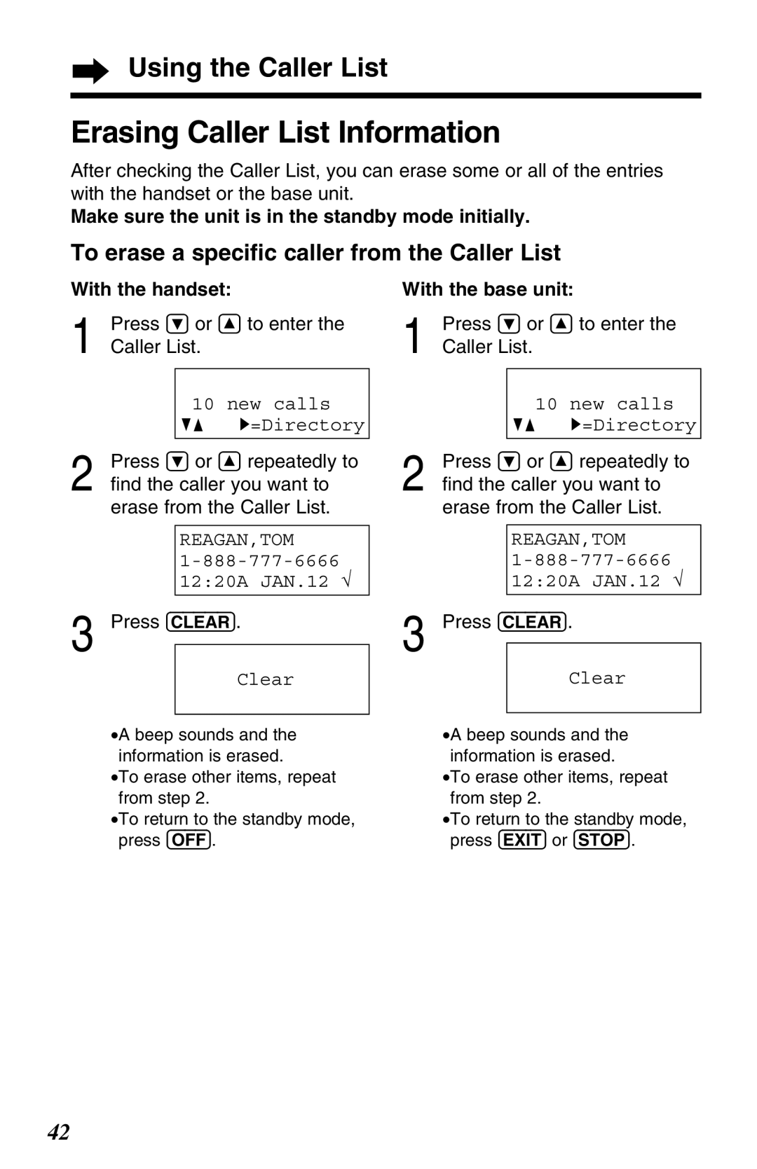 Panasonic KX-TG2680N Erasing Caller List Information, To erase a speciﬁc caller from the Caller List, With the handset 