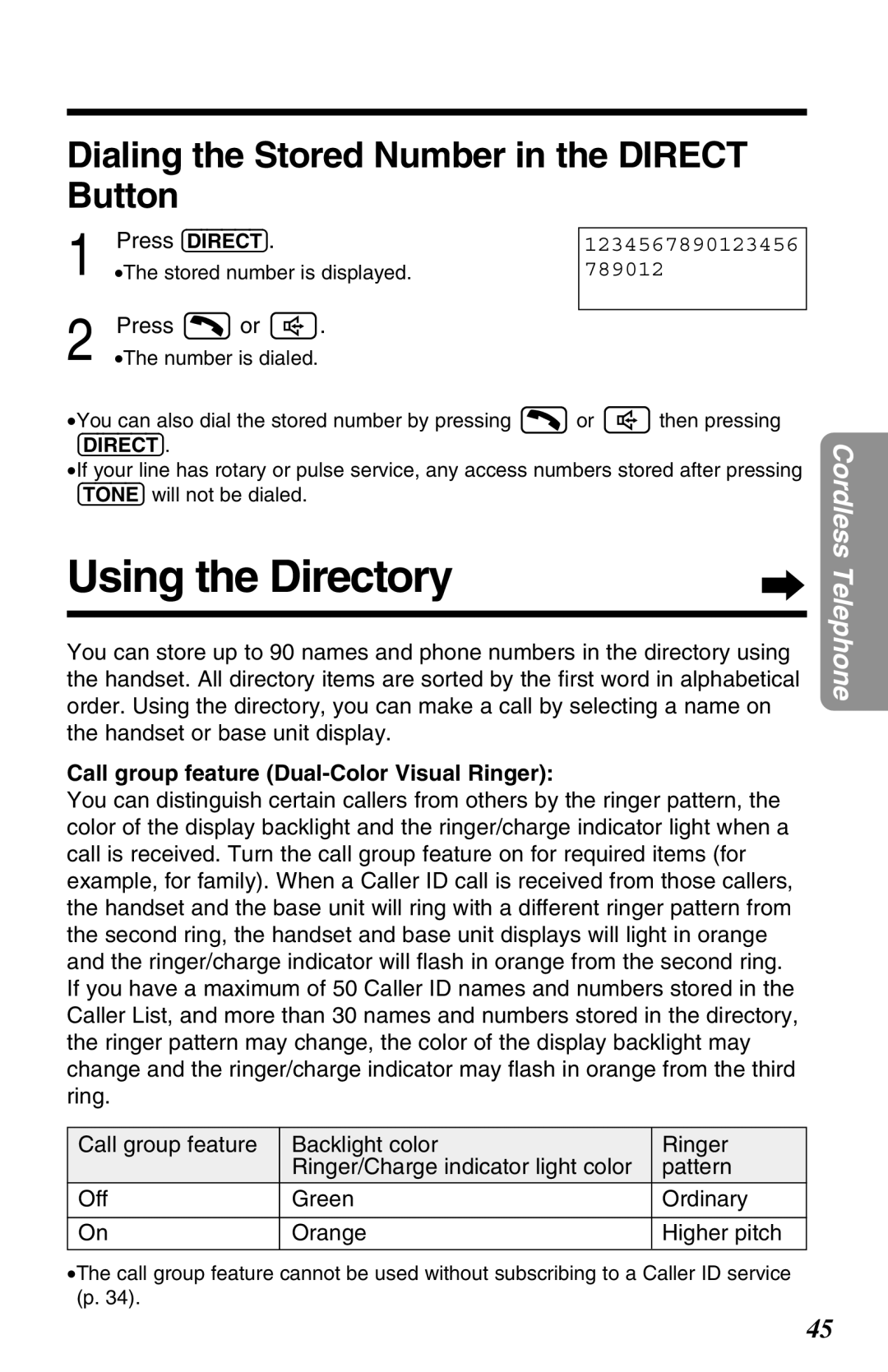 Panasonic KX-TG2680N Using the Directory, Dialing the Stored Number in the Direct Button, Press or, 1234567890123456 