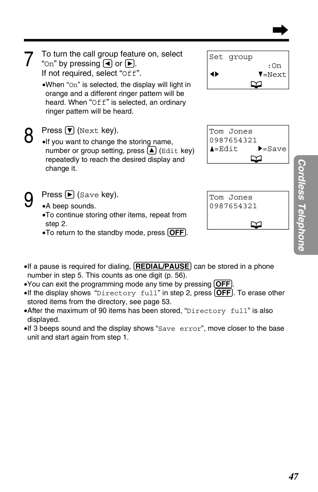 Panasonic KX-TG2680N operating instructions If not required, select Off, Set group IH G=Next, Tom Jones =Edit H=Save 