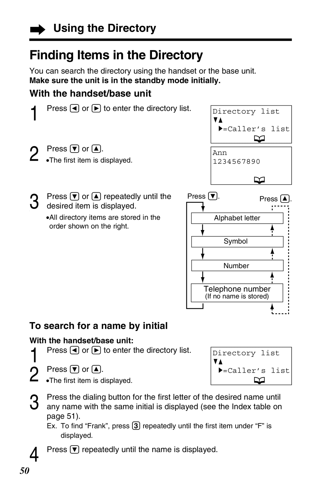 Panasonic KX-TG2680N Finding Items in the Directory, With the handset/base unit, To search for a name by initial 