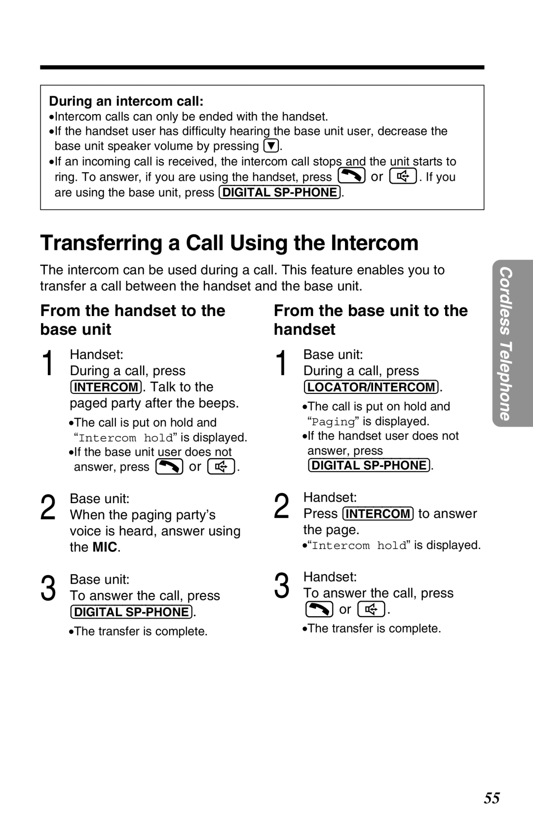 Panasonic KX-TG2680N Transferring a Call Using the Intercom, From the handset to the base unit, During an intercom call 