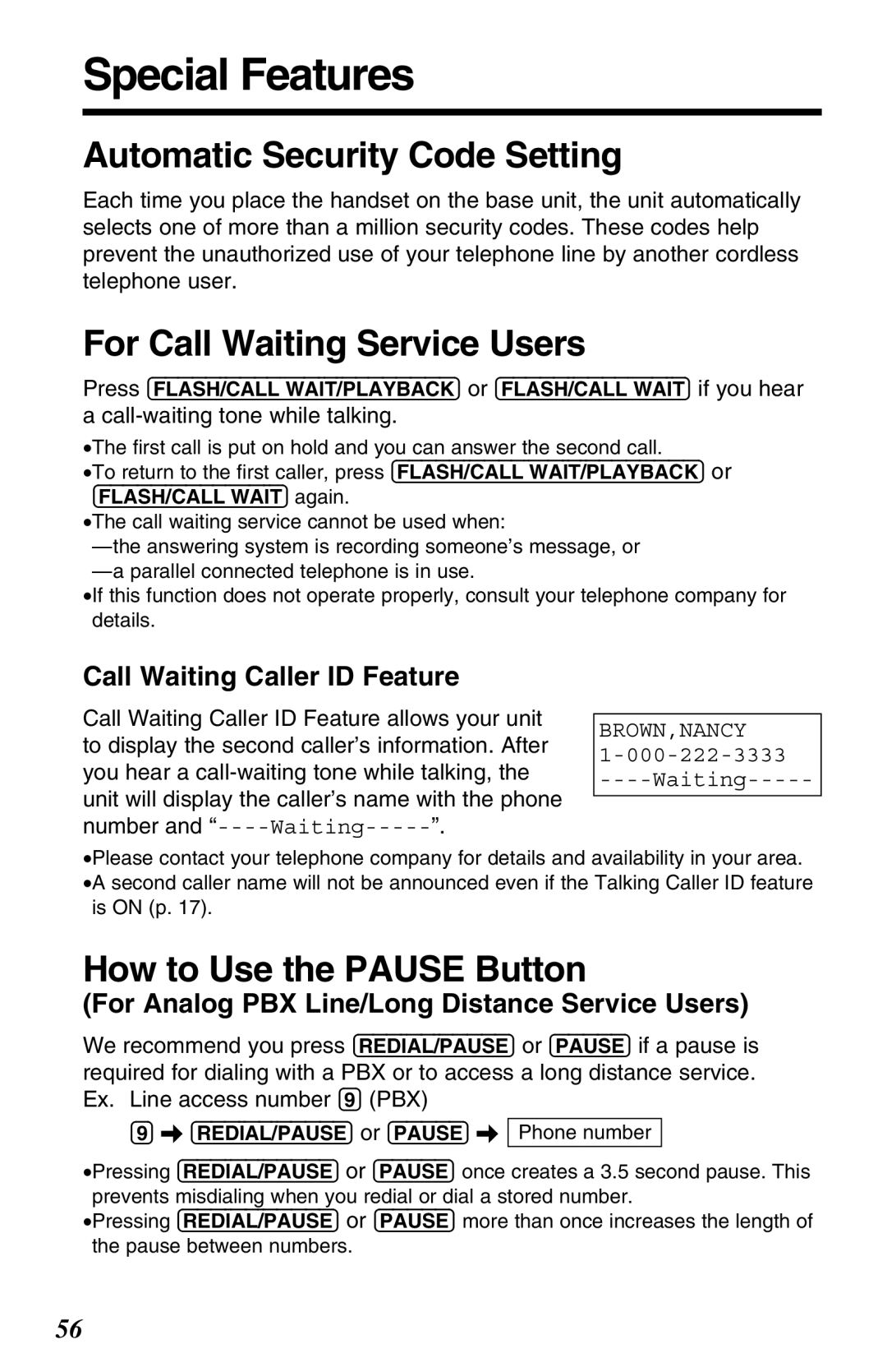 Panasonic KX-TG2680N Special Features, Automatic Security Code Setting, For Call Waiting Service Users 