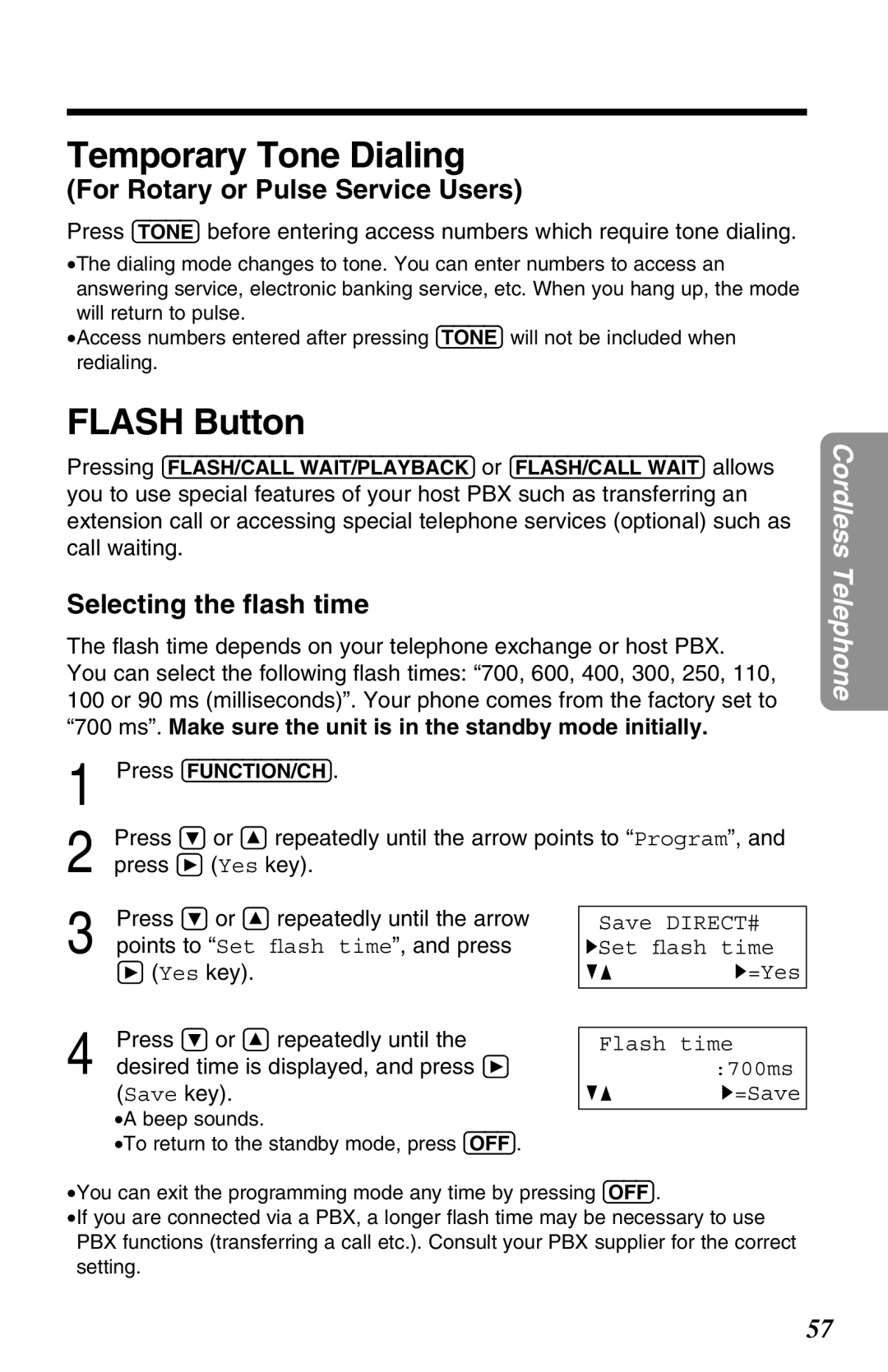 Panasonic KX-TG2680N Temporary Tone Dialing, Flash Button, For Rotary or Pulse Service Users, Selecting the ﬂash time 