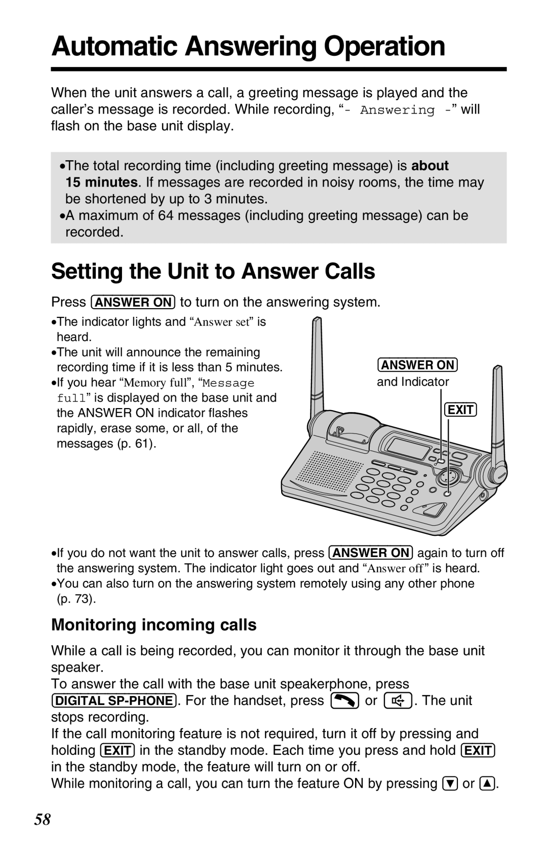 Panasonic KX-TG2680N Automatic Answering Operation, Setting the Unit to Answer Calls, Monitoring incoming calls 