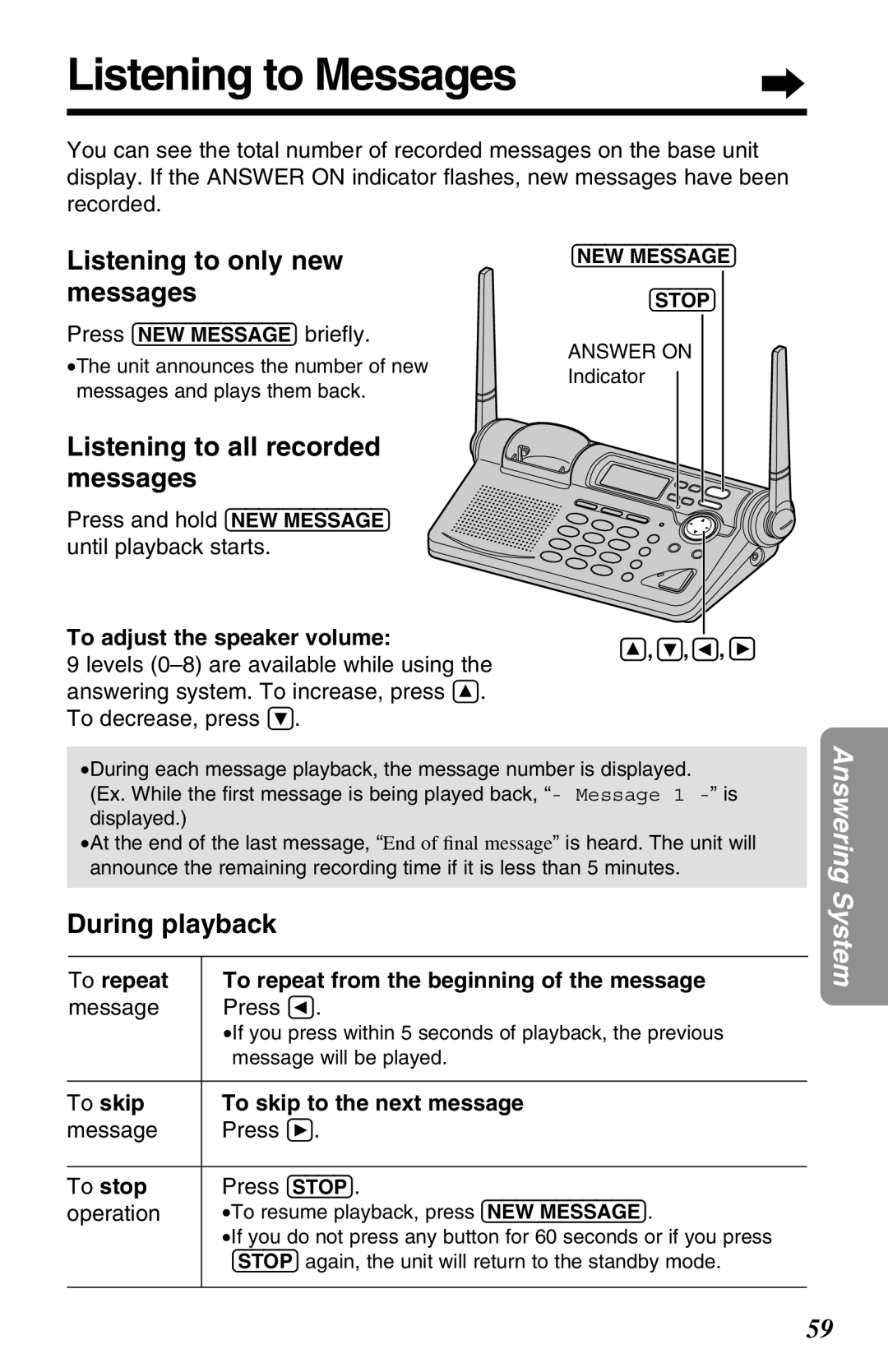 Panasonic KX-TG2680N Listening to Messages, Listening to only new messages, Listening to all recorded messages 