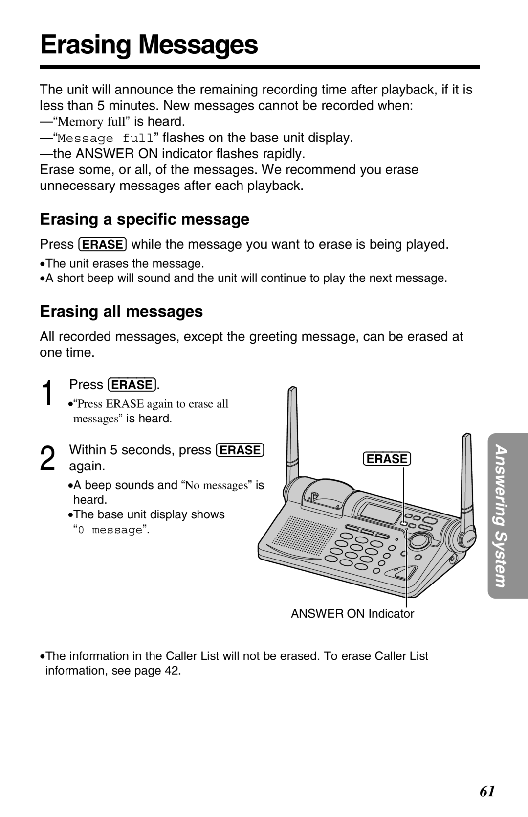 Panasonic KX-TG2680N Erasing Messages, Erasing a speciﬁc message, Erasing all messages, Within 5 seconds, press Erase 