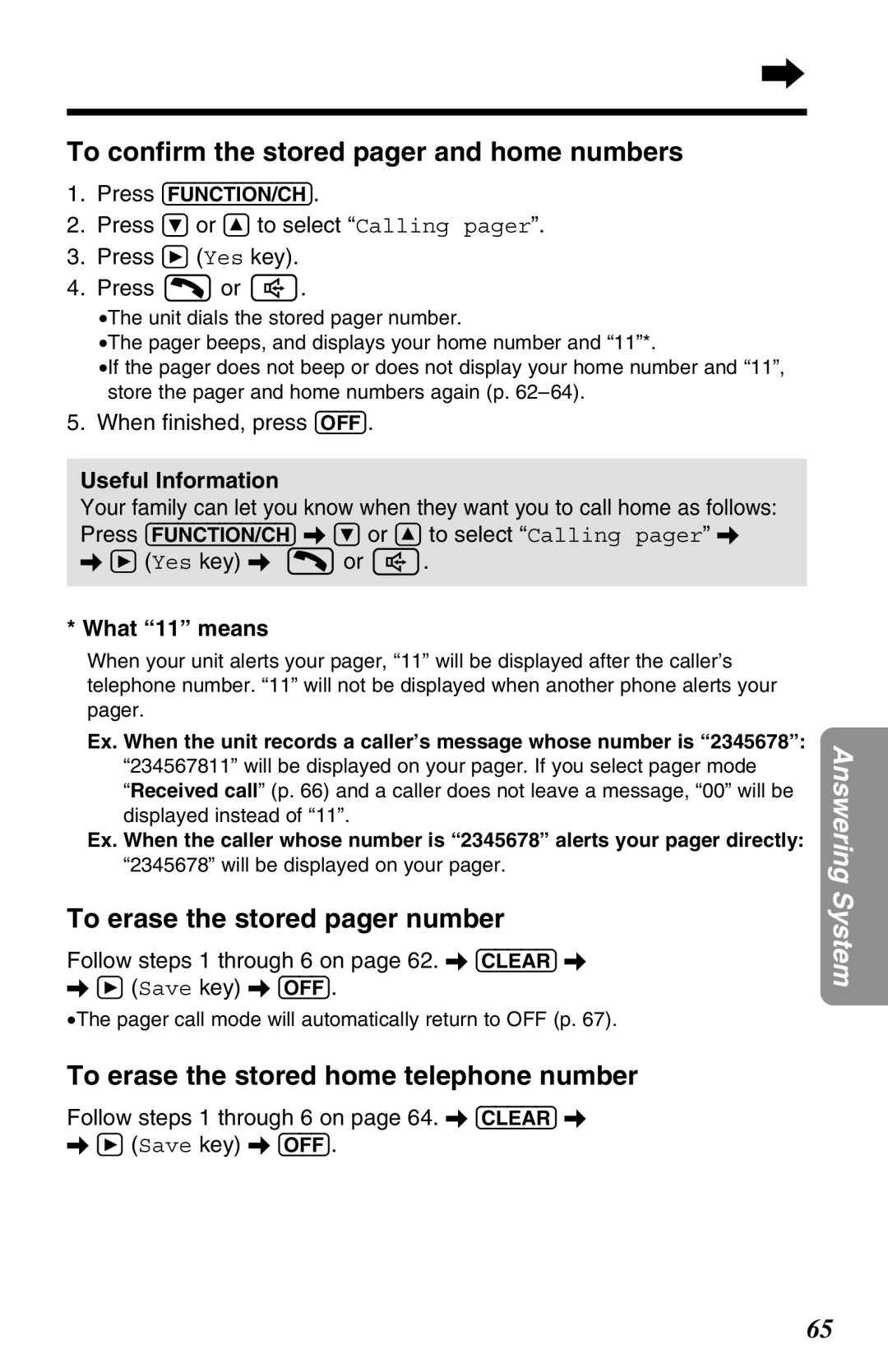 Panasonic KX-TG2680N To conﬁrm the stored pager and home numbers, To erase the stored pager number, Useful Information 