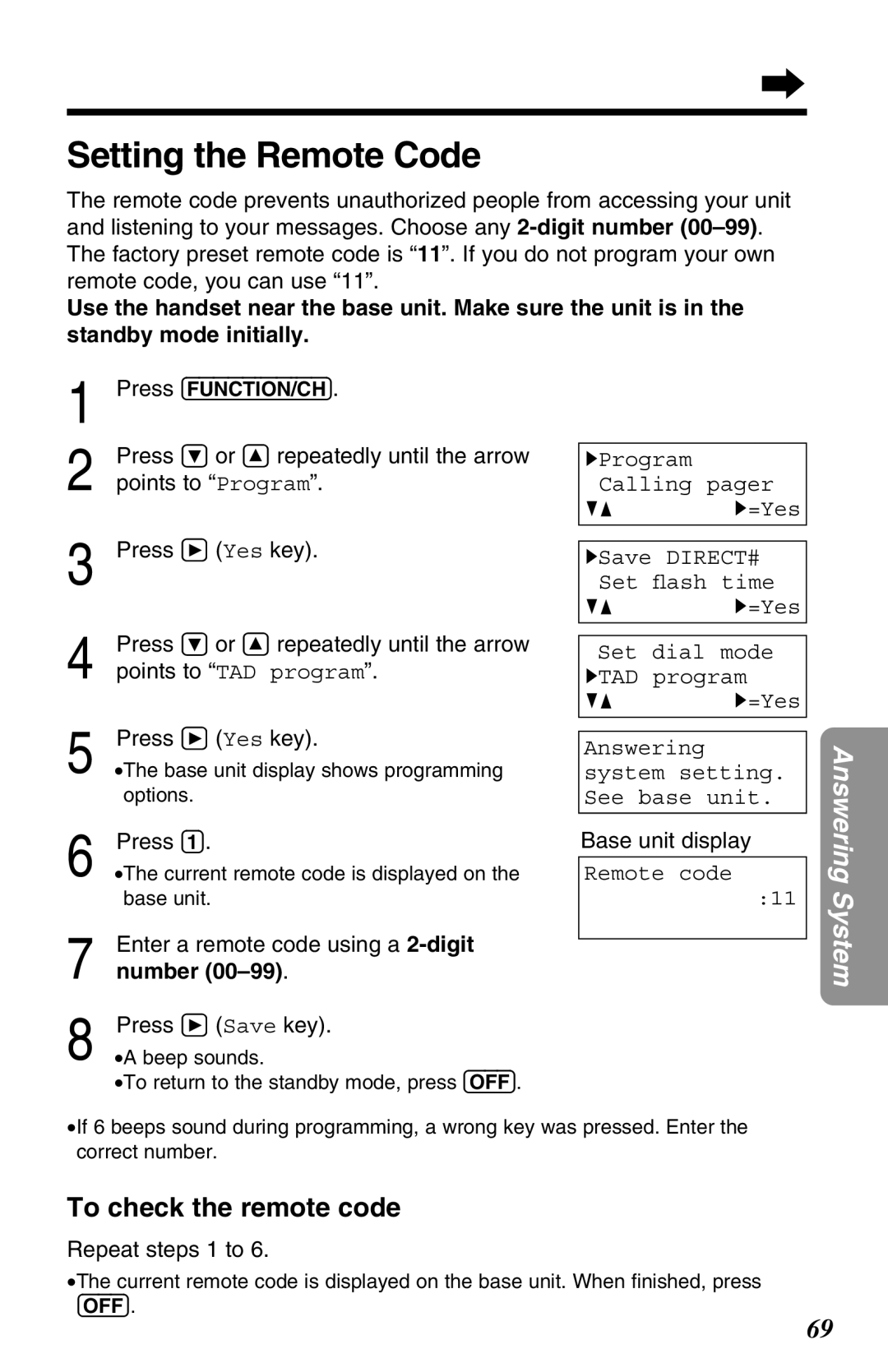 Panasonic KX-TG2680N Setting the Remote Code, To check the remote code, Enter a remote code using a 2-digit, Number 