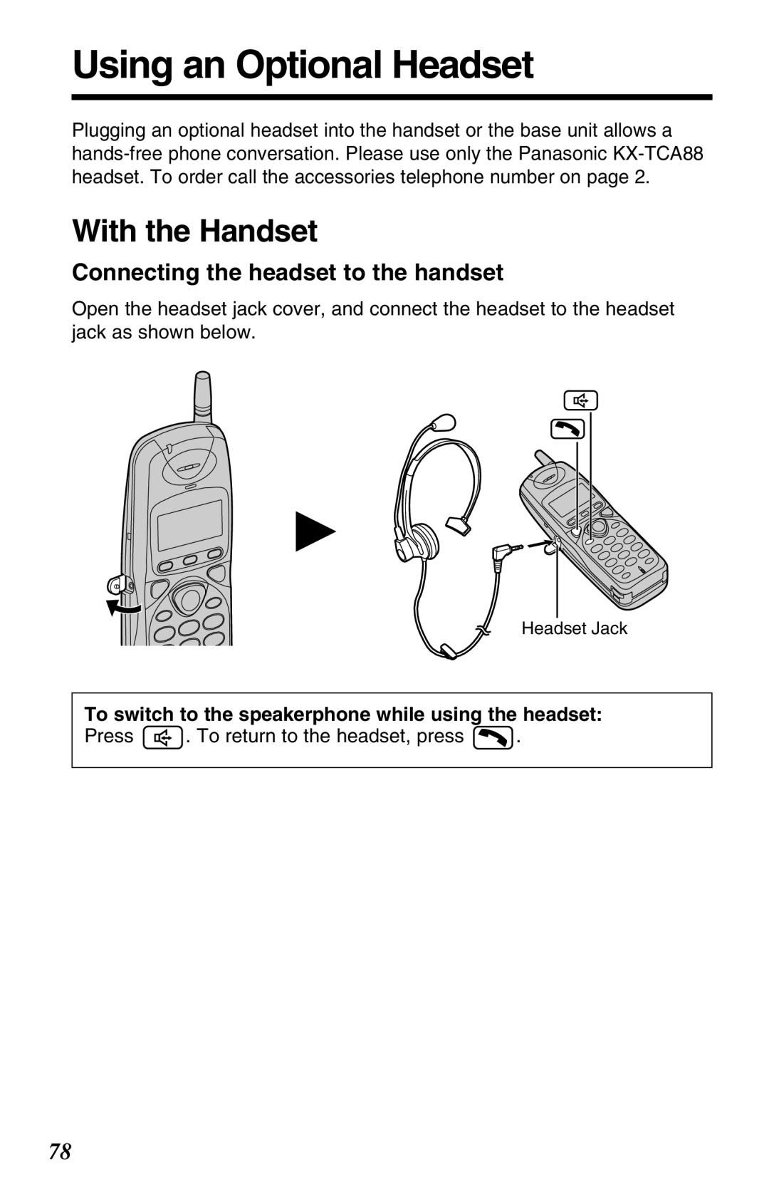 Panasonic KX-TG2680N operating instructions Using an Optional Headset, Connecting the headset to the handset 