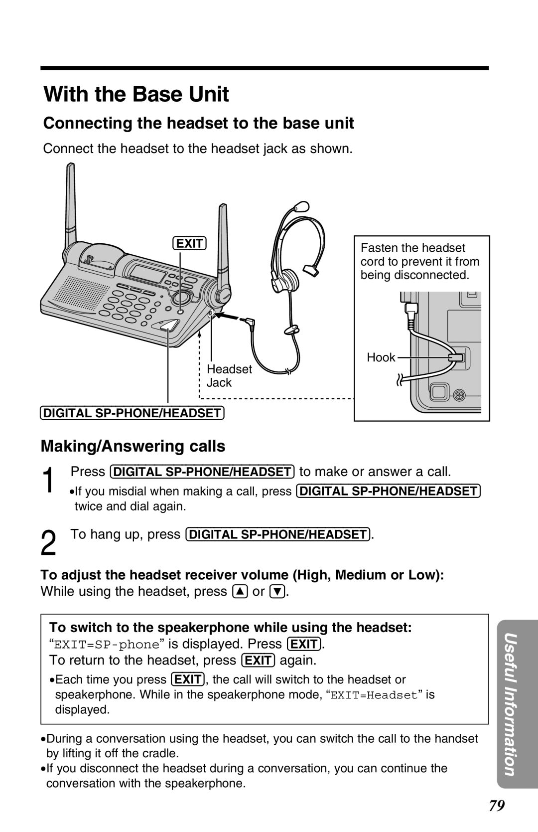 Panasonic KX-TG2680N operating instructions Connecting the headset to the base unit, Making/Answering calls 