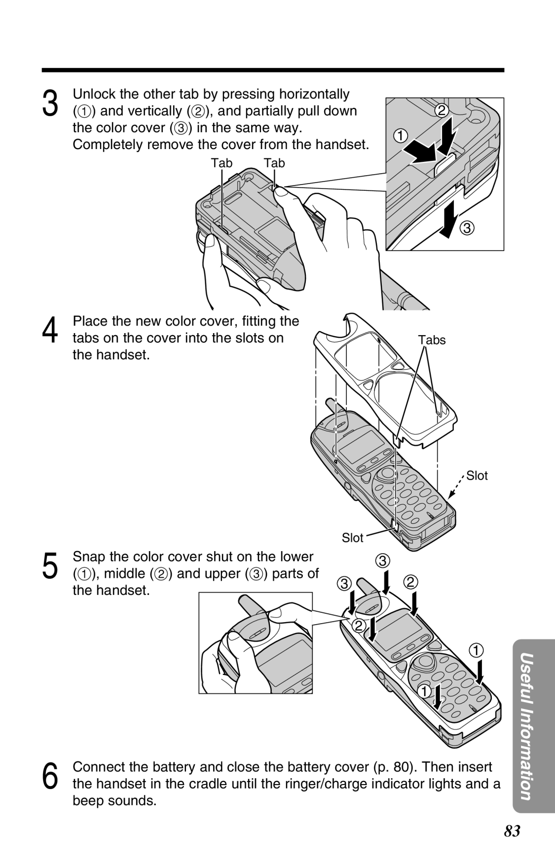 Panasonic KX-TG2680N operating instructions Place the new color cover, ﬁtting, Tabs on the cover into the slots on 