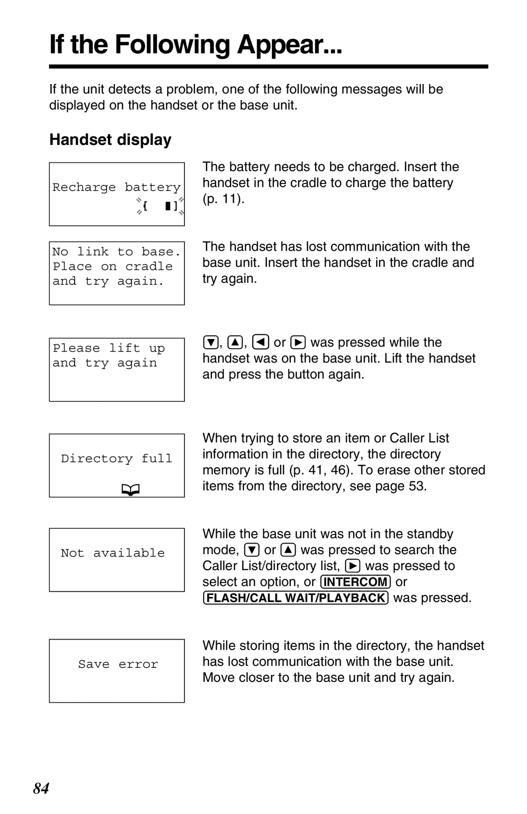 Panasonic KX-TG2680N operating instructions If the Following Appear, Handset display, Save error 