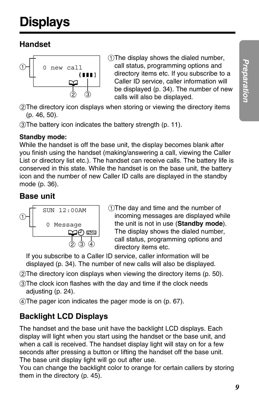 Panasonic KX-TG2680N operating instructions Backlight LCD Displays, New call, Standby mode, SUN 1200AM Message 