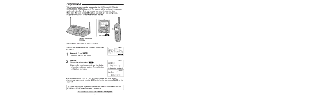 Panasonic KX-TG2700, KX-TG2740, KX-TG2720 installation manual Registration, Base unit Press Mute, Handset 