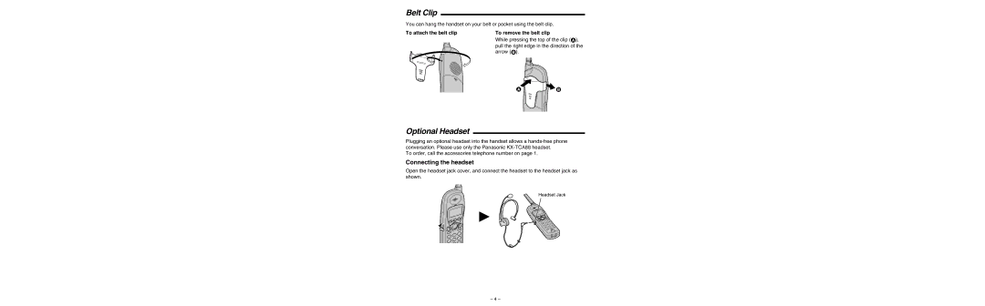 Panasonic KX-TG2740 Belt Clip, Optional Headset, Connecting the headset, To attach the belt clip To remove the belt clip 