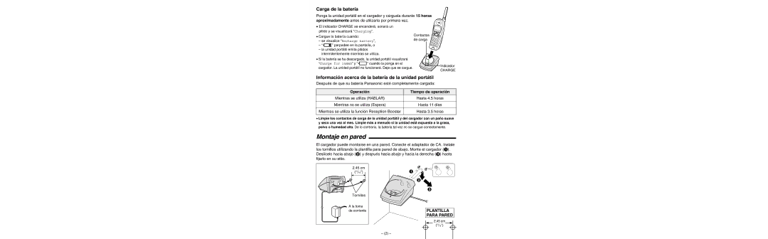 Panasonic KX-TG2720 Montaje en pared, Carga de la batería, Información acerca de la batería de la unidad portátil 