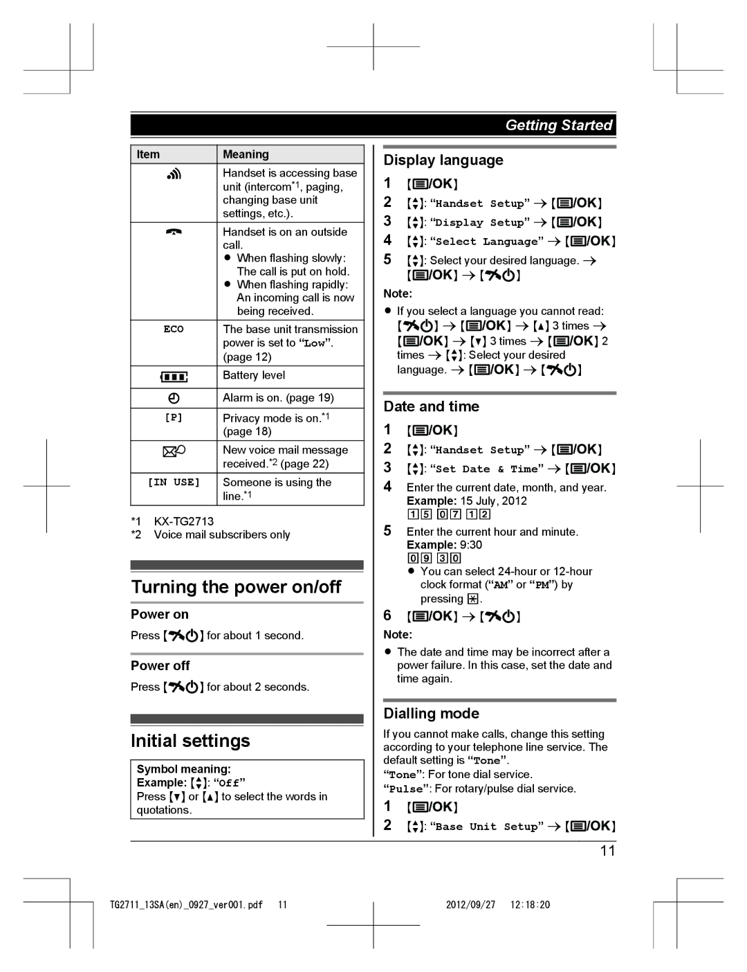 Panasonic KX-TG2711 Turning the power on/off, Initial settings, Display language, Date and time, Dialling mode 