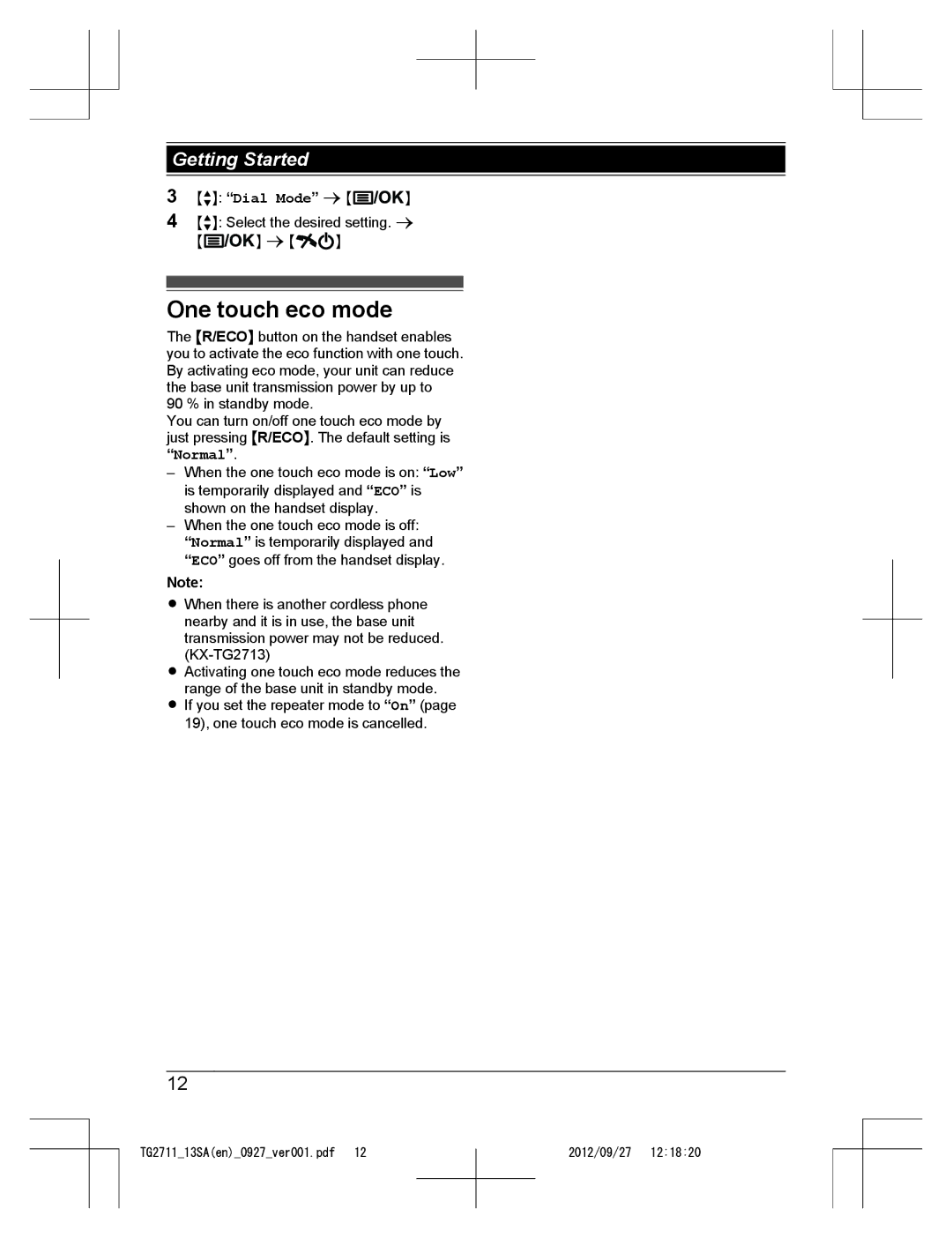 Panasonic KX-TG2711 operating instructions One touch eco mode 