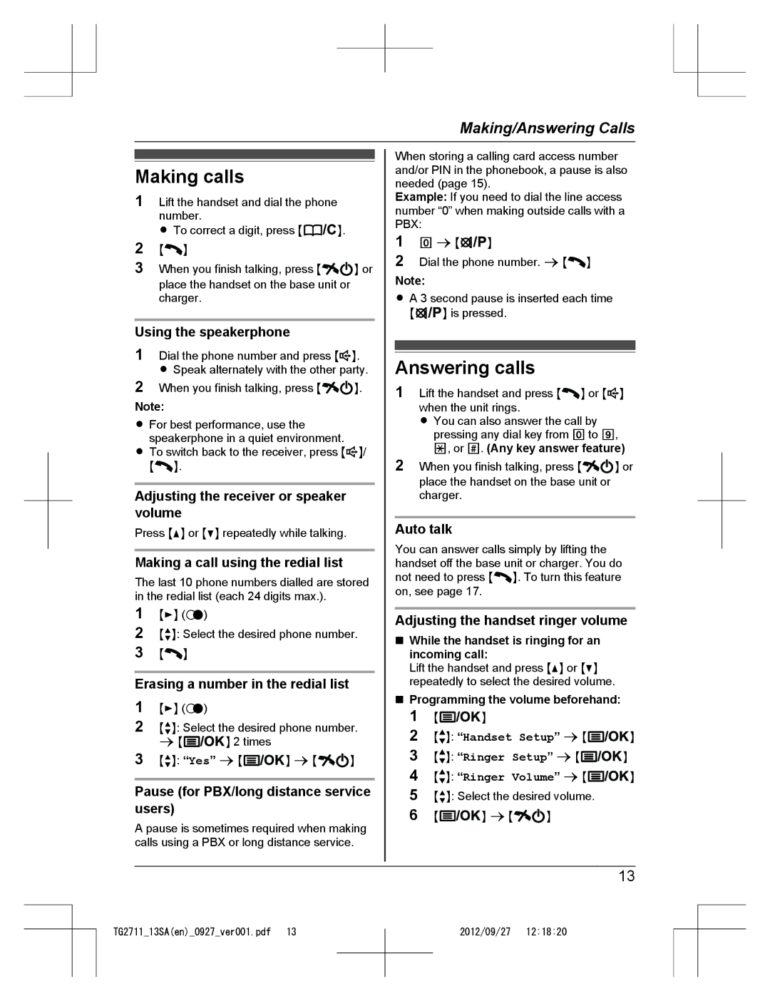 Panasonic KX-TG2711 operating instructions Making calls, Answering calls 