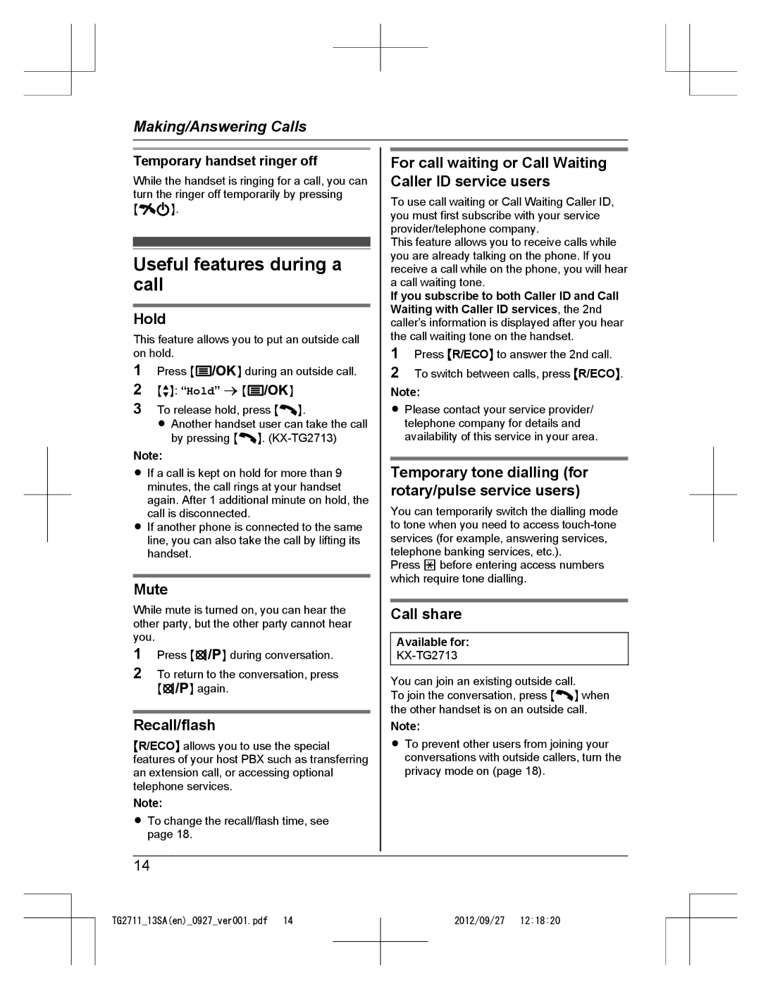 Panasonic KX-TG2711 operating instructions Useful features during a call 