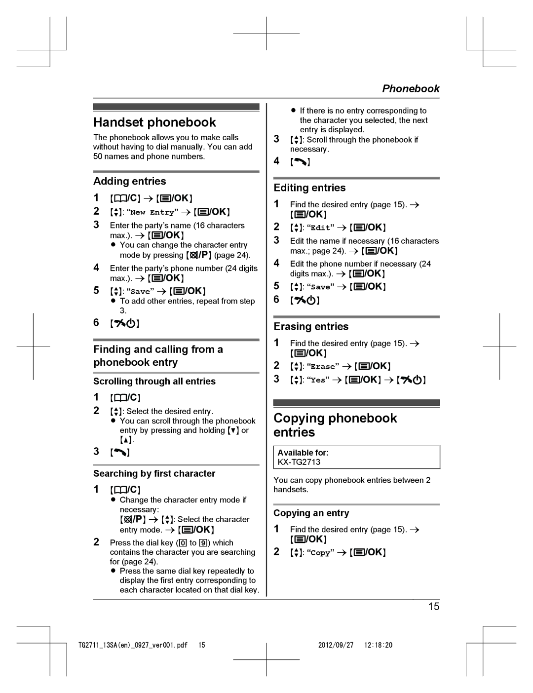 Panasonic KX-TG2711 operating instructions Handset phonebook, Copying phonebook entries 