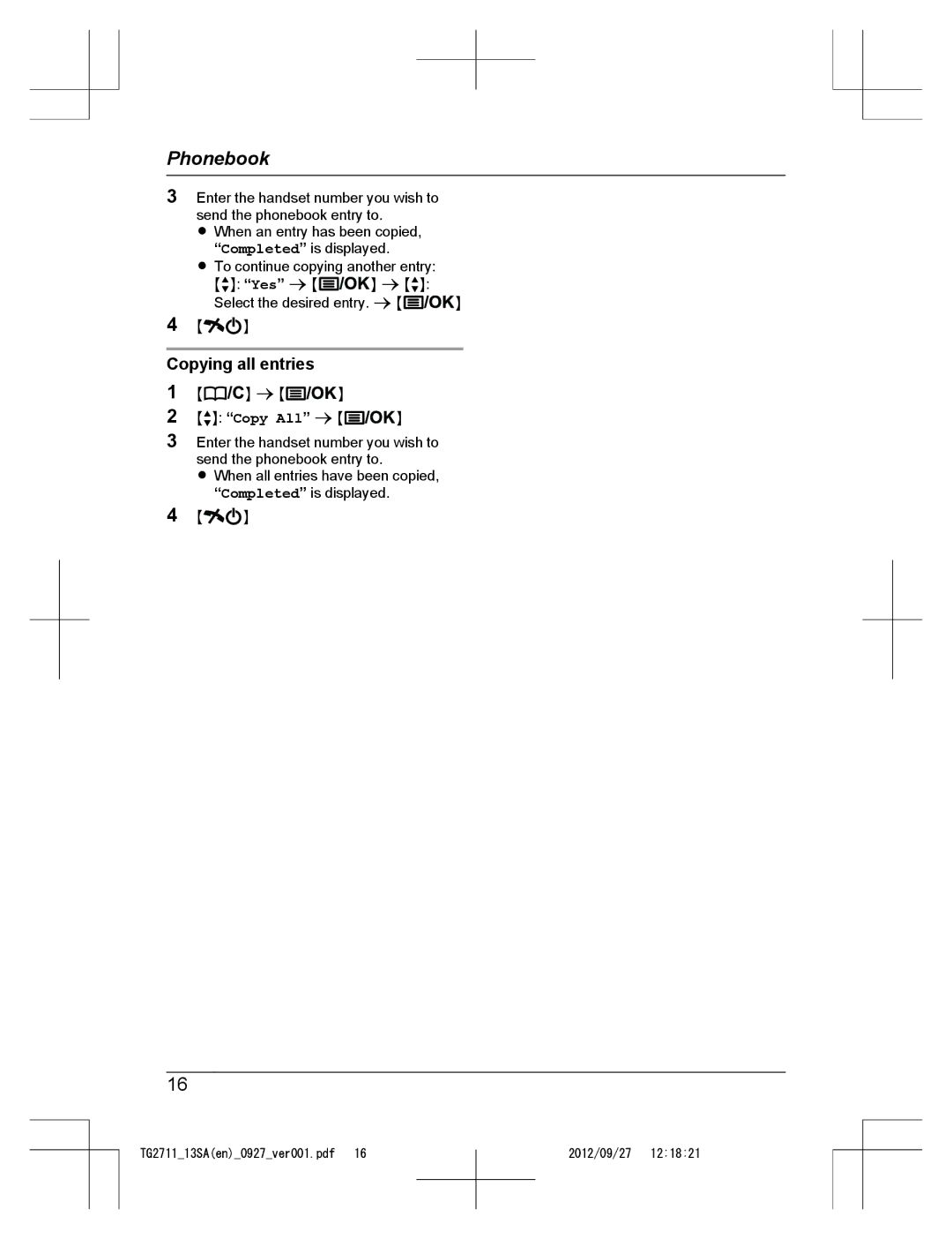 Panasonic KX-TG2711 operating instructions Copying all entries 