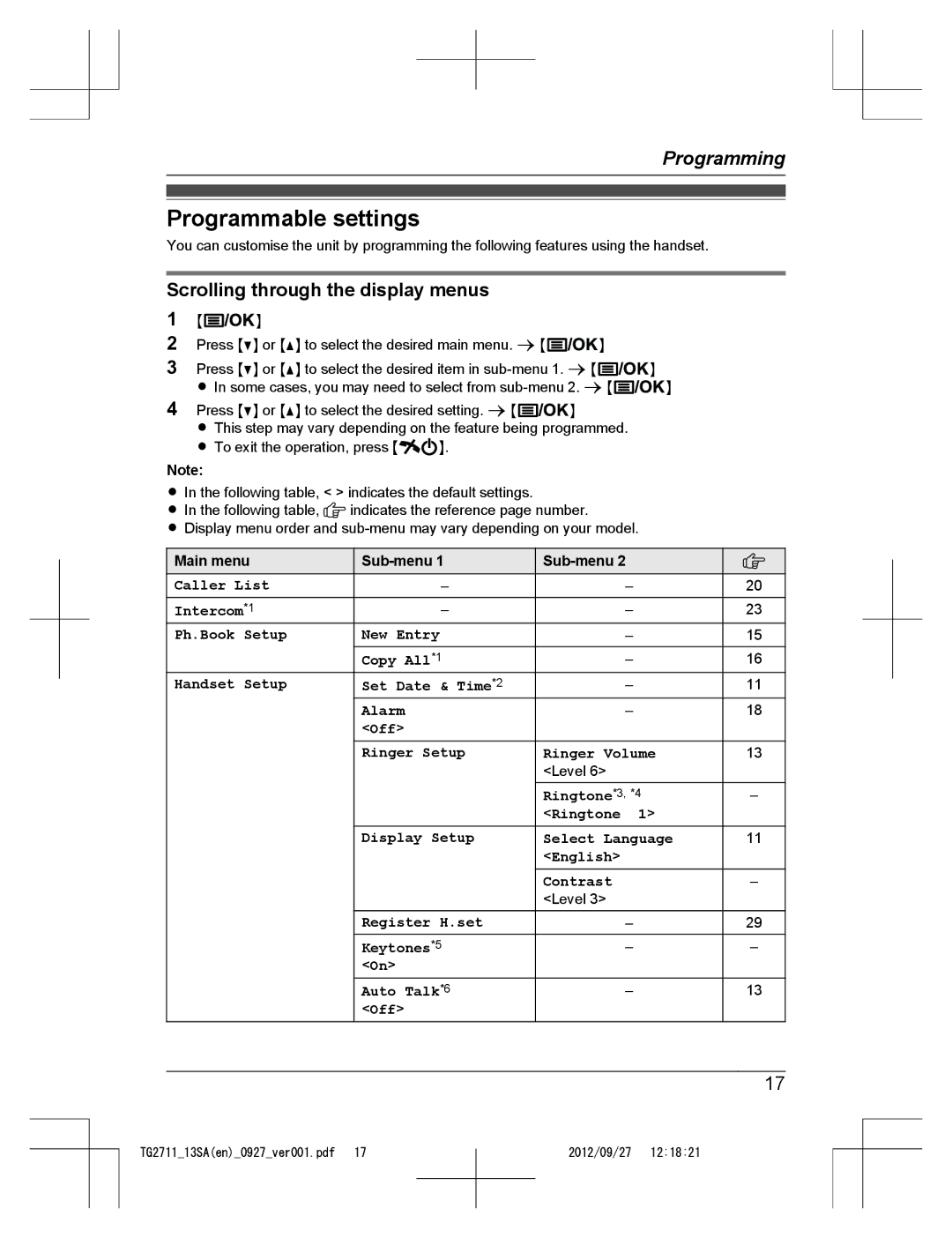 Panasonic KX-TG2711 operating instructions Programmable settings, Scrolling through the display menus, Main menu Sub-menu 