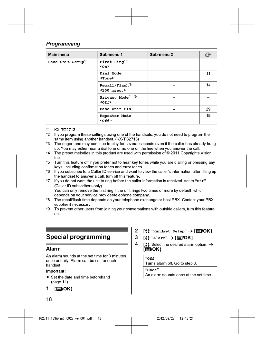 Panasonic KX-TG2711 operating instructions Special programming, Alarm 