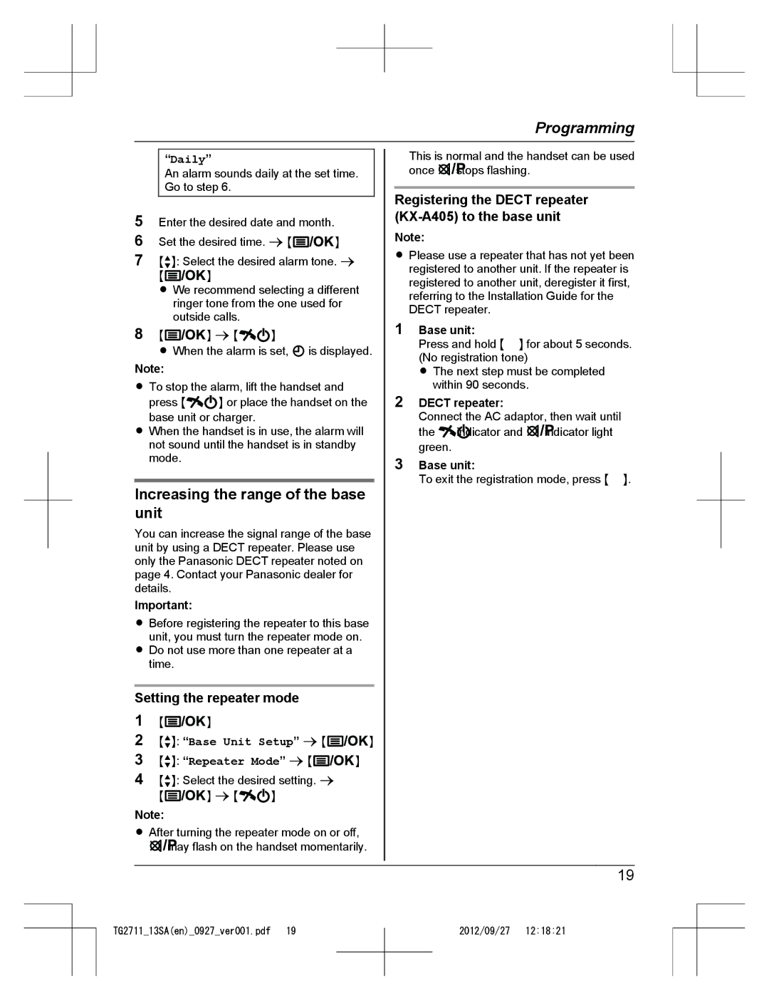 Panasonic KX-TG2711 operating instructions Increasing the range of the base unit, Setting the repeater mode, Dect repeater 