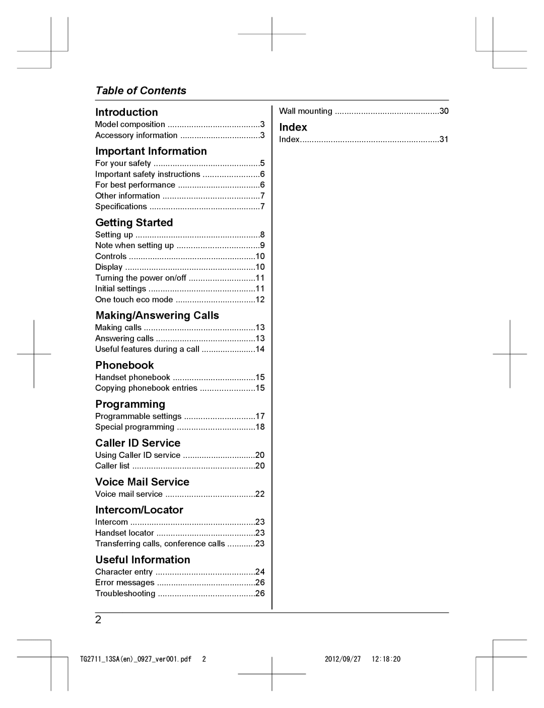 Panasonic KX-TG2711 operating instructions Table of Contents 