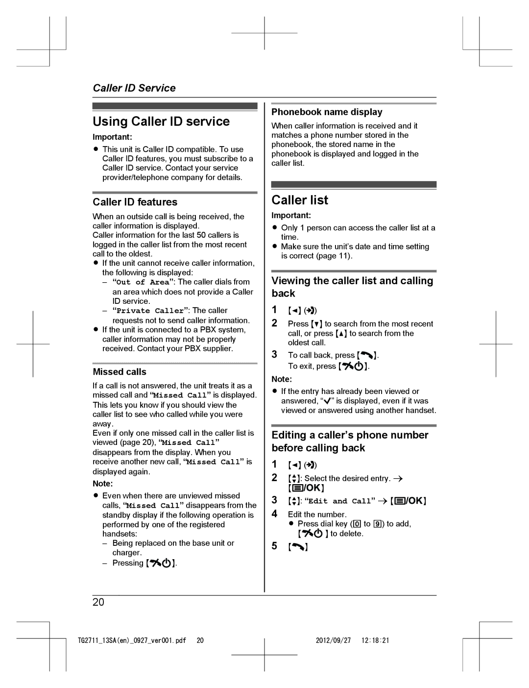 Panasonic KX-TG2711 Using Caller ID service, Caller list, Caller ID features, Viewing the caller list and calling back 