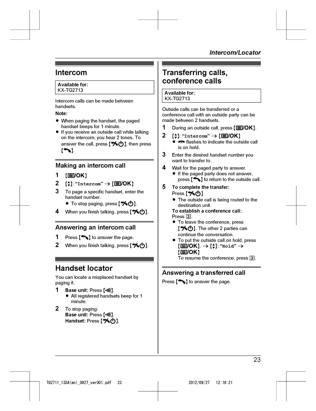 Panasonic KX-TG2711 operating instructions Intercom, Handset locator, Transferring calls, conference calls 