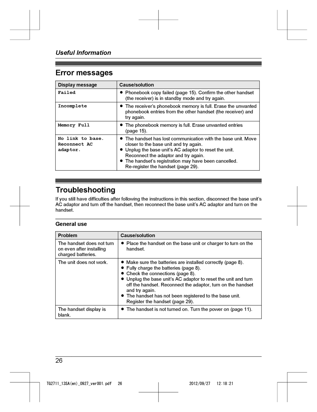 Panasonic KX-TG2711 operating instructions Error messages, Troubleshooting, General use 